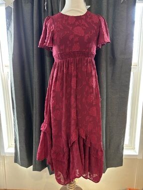 Girls' Burgundy Floral Lace Midi Dress - Kids Casual